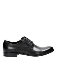 Scarpa da uomo in pelle nera con finitura liscia, punta arrotondata, design allacciato e dettagli sottili sul lato. Tacco basso a piattaforma.