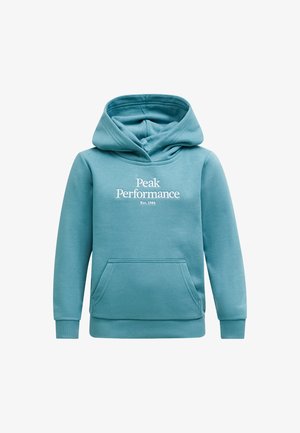 Hellblaues Hoodie aus weichem Stoff mit einer Vordertasche, rundem Halsausschnitt und Kapuze mit Kordelzug. Mit dem "Peak Performance"-Logo in weißer Schrift.