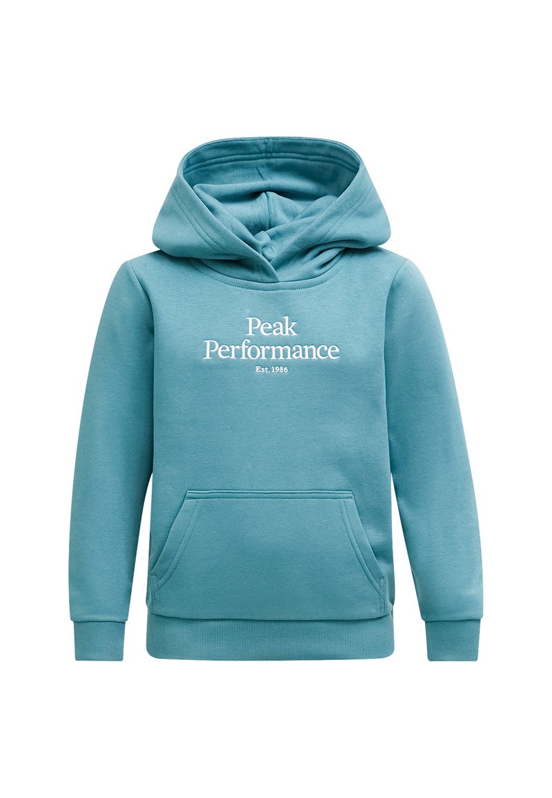 Lysblå hættetrøje i blødt stof med en frontlomme, rund halsudskæring og snoretræk ved hætten. Har "Peak Performance" logo i hvid tekst.