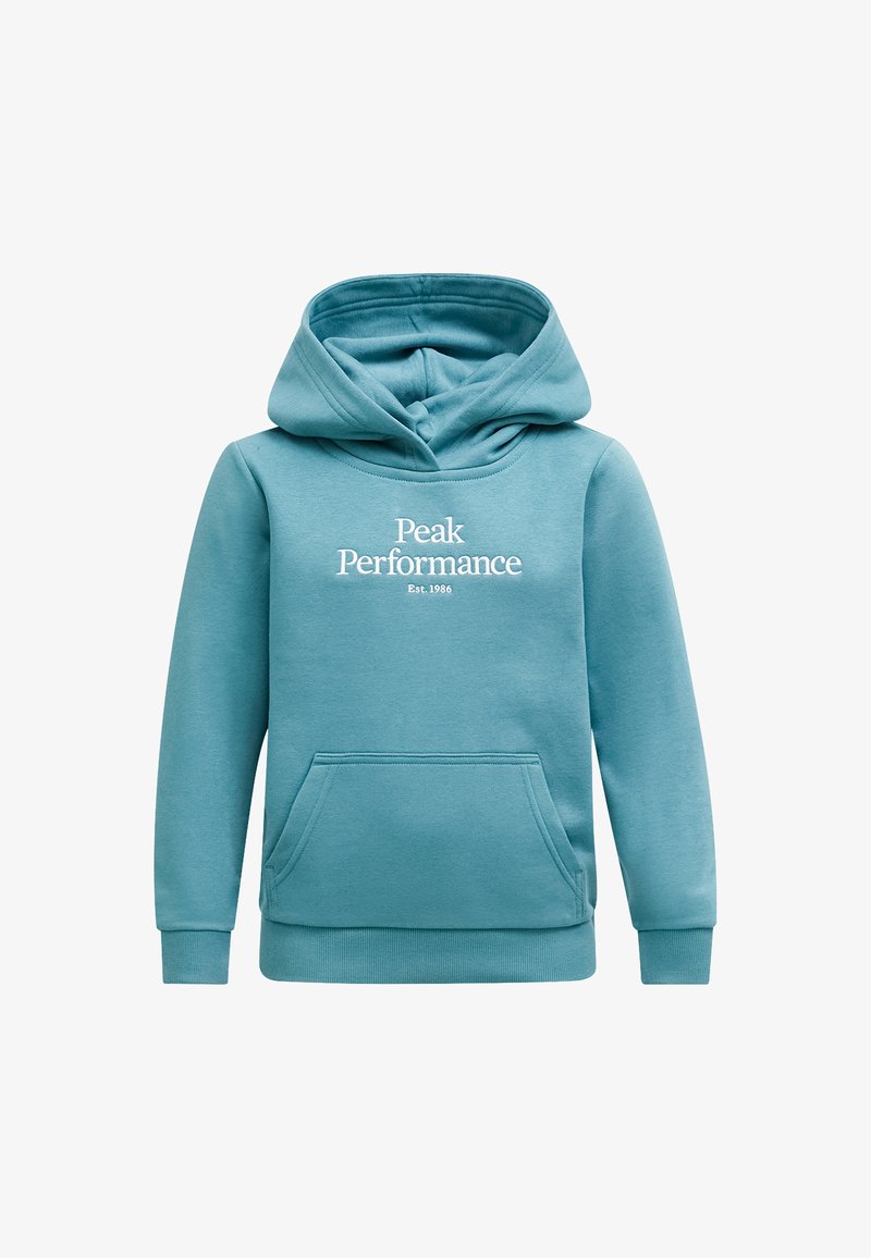 Lichtblauwe hoodie van zachte stof met een voorzak, ronde halslijn en een capuchon met trekkoord. Bevat het logo "Peak Performance" in witte tekst.