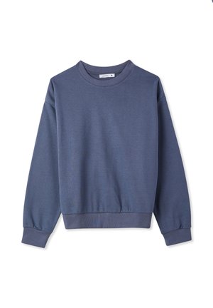 Felpa blu con scollo a girocollo realizzata in morbida miscela di cotone, caratterizzata da polsini e orlo a costine, con una vestibilità rilassata e un branding minimalista.