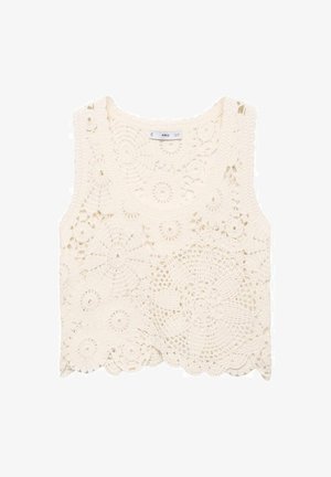 Cream crochet top featuring floral patterns, sleeveless design, scalloped hem, and textured fabric. Ideal for warm weather layering.
