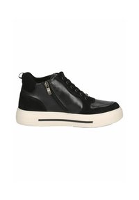 Sneaker montante en cuir noir et suédine avec une semelle blanche, dotée d'une fermeture éclair sur le côté et de lacets noirs, texture lisse et accents minimaux.