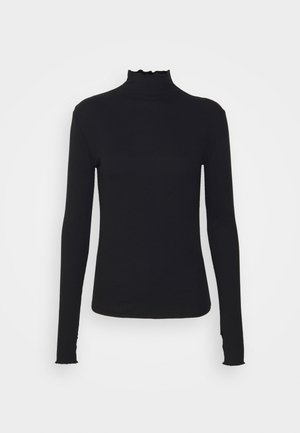 Black long-sleeve turtleneck top made of smooth fabric, featuring a ruffled neck and fitted silhouette with simple edges.
