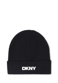 Zwarte gebreide beanie met een omkeerbare cuff. Bevat een wit "DKNY" logo aan de voorkant. Zachte textuur, aansluitend ontwerp geschikt voor koud weer.