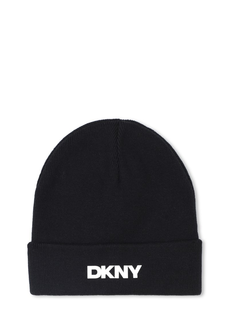 Zwarte gebreide beanie met een omkeerbare cuff. Bevat een wit "DKNY" logo aan de voorkant. Zachte textuur, aansluitend ontwerp geschikt voor koud weer.