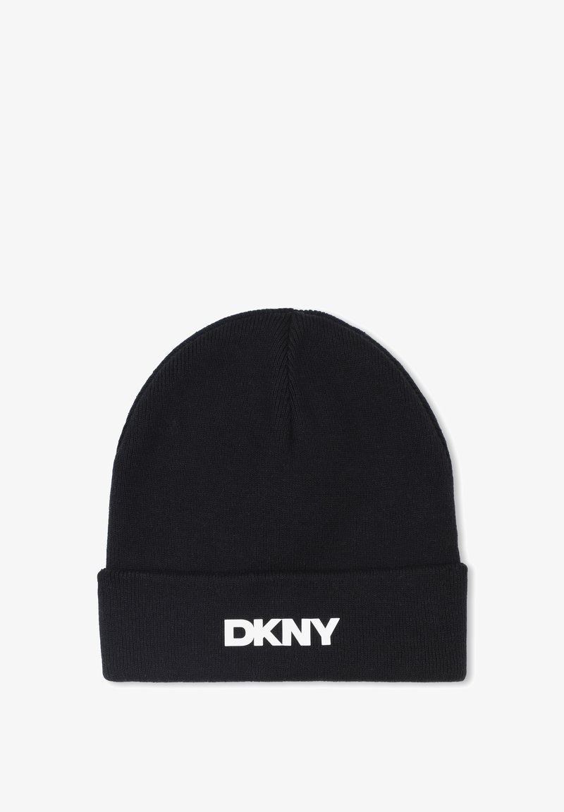 Zwarte gebreide beanie met een omkeerbare cuff. Bevat een wit "DKNY" logo aan de voorkant. Zachte textuur, aansluitend ontwerp geschikt voor koud weer.