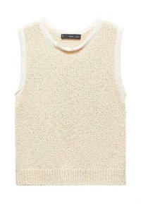 Kremowy bezrękawnik z teksturowanym wzorem dzianiny. Posiada okrągły dekolt i ściągacz u dołu. Tkanina ma subtelne przebłyski koloru.