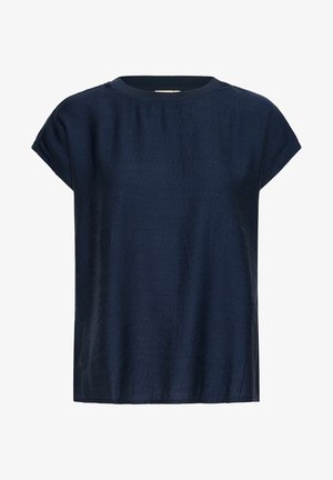 Donkerblauwe top met korte mouwen en een ronde hals, gemaakt van gestructureerde stof met een losse pasvorm en een rechte zoom.