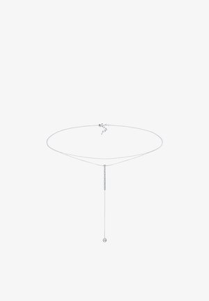 Silbernes Choker-Halsband mit einem zarten Kettendesign, das einen vertikalen Tropfen und einen Kristallakzent an der Spitze aufweist, polierte Oberfläche.