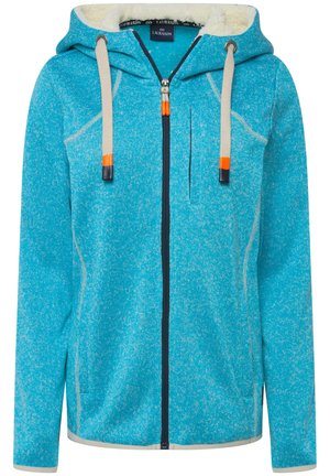 Giacca in felpa blu con finitura testurizzata, chiusura con zip sul davanti, cappuccio e dettagli in arancione a contrasto sui cordini. Presenta tasche laterali e un colletto.