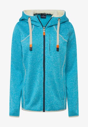 Blauwe fleecjas met een gestructureerde afwerking, rits aan de voorkant, capuchon en contrasterende oranje trekkoorden. Heeft zijzakken en een kraag.