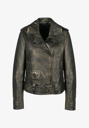 Kovově bronzová kožená bunda s klopovým límcem, asymetrickým zipem, bočními kapsami a opaskem v pase. Texturovaný kožený povrch.