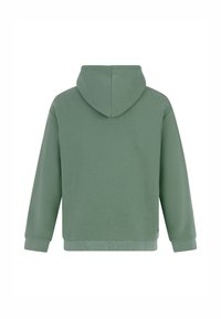 Groene hoodie met een soepele textuur, verstelbare capuchon en lange mouwen. Heeft ribgebreide boorden en een tailleband, minimalistisch ontwerp en geen zichtbare logo's.