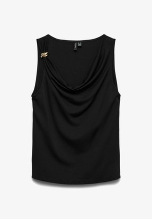 Haut noir sans manches avec encolure drapée et fermoir décoratif doré sur l'épaule gauche, présenté sur fond blanc.