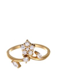 Guld ring med et blomsterdesign, hvor runde og marquise-slebne klare ædelstene er arrangeret i en klynge og fungerer som accent på banden.