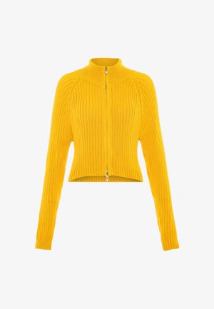 Helles gelbes geripptes Strickpullover mit langen Ärmeln, hohem Kragen und einem Reißverschluss vorne.