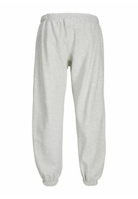 Light gray sweatpants made from soft fabric, featuring an elastic waistband and cuffed hems for a relaxed fit.
