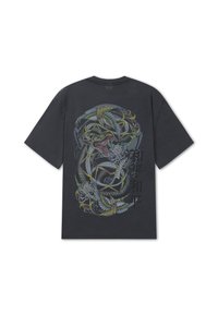 Black short-sleeve T-shirt with colorful dragon and bird illustration entwined around chrysanthemums on the back with vertical Asian characters.