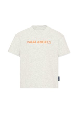 T-shirt grigio chiaro a maniche corte con collo a giro e scritta arancione "PALM ANGELS" sul petto.