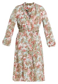 Robe portefeuille florale aux teintes vert, rose et bleu. Manches longues, ceinture à nouer, tissu doux et décolleté en V avec un drapé léger.