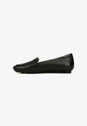Schwarze Lederloafer mit einem eleganten Design, flacher Sohle und minimalen Nähtdetails. Abgerundete Zehenpartie und niedrigprofilierte Silhouette.