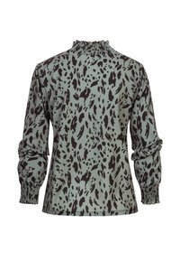 Blusa de manga larga en tela verde claro con estampado de animal negro, con cuello fruncido y puños elásticos para un ajuste ceñido.
