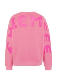Sweat-shirt rose à manches longues avec de grandes lettres roses flashy brillantes dans le dos et sur les manches, avec un ourlet et des poignets côtelés.