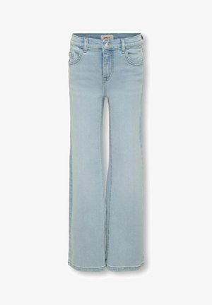 Világoskék farmernadrág, harangujjú dizájnnal, elülső zsebekkel, gombos záródással és varrás részletekkel az összes varráson.