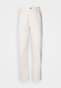 Straight-leg white denim jeans with button and zipper closure, belt loops, and front and back pockets, shown on plain background.