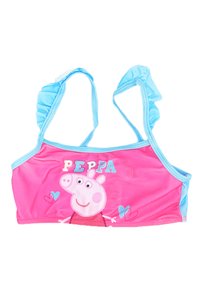 Rosa Schwimmoberteil mit blauen Akzenten, Rüschenträgern und einer Cartoon-Grafik eines Schweins mit dem Text "PEPPA" in bunten Buchstaben.