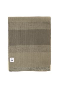 Écharpe tricotée avec des rayures horizontales dans des tons de vert et de gris atténués, dotée d'une texture douce et d'une petite étiquette affichant la taille "M 73."