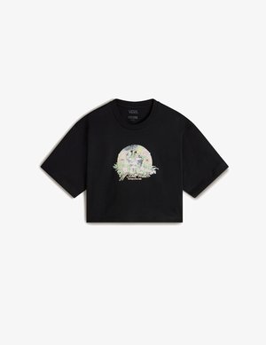Black cropped t-shirt, short sleeves, featuring a multicolored graphic design with floral elements and the text "Off The Wall" in script.