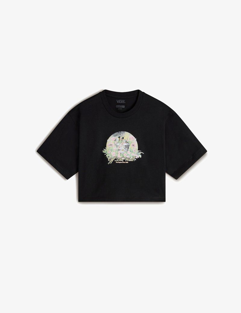 Sort cropped t-shirt, korte ærmer, med et multicolor grafisk design med blomster elementer og teksten "Off The Wall" i skråskrift.