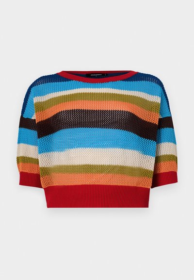 Multicolored cropped knit sweater featuring horizontal stripes in blue, orange, green, brown, and red, with a ribbed neckline and cuffs.