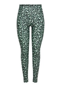 Πράσινο κολάν με μοτίβο μαύρης λεοπάρδας, κατασκευασμένο από ελαστικό ύφασμα. Διαθέτει ψηλή μέση και λεία υφή.
