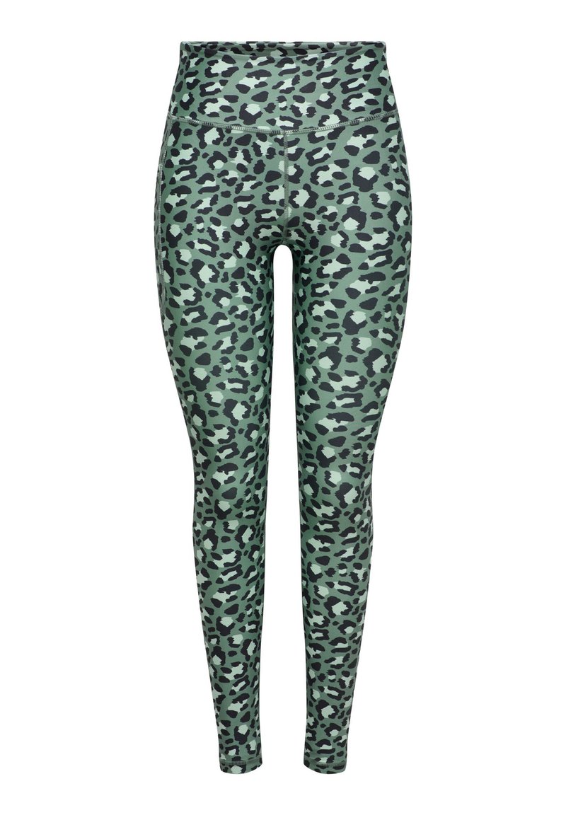 Πράσινο κολάν με μοτίβο μαύρης λεοπάρδας, κατασκευασμένο από ελαστικό ύφασμα. Διαθέτει ψηλή μέση και λεία υφή.