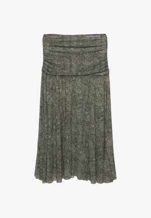 Fustă fluidă, gri, cu un model paisley; textură pliată la talie; confecționată dintr-un material ușor; lungime până la genunchi, cu o siluetă fluidă.