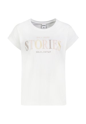Weißes kurzärmeliges T-Shirt mit rundem Ausschnitt und buntem Text "ONLY GOOD STORIES SBLVL CNTMP" vorne, Größe Medium.