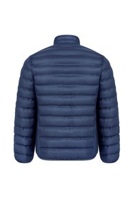 Granatowa kurtka puchowa o poziomym pikowaniu, z wysokim kołnierzem i gładką, błyszczącą fakturą. Brak widocznych elementów metalowych ani akcentów.