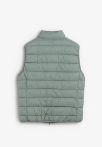 Vest căptușit de culoare verde deschis, cu un guler înalt, având secțiuni matlasate și o textură netedă, conceput fără mâneci pentru confort termic.