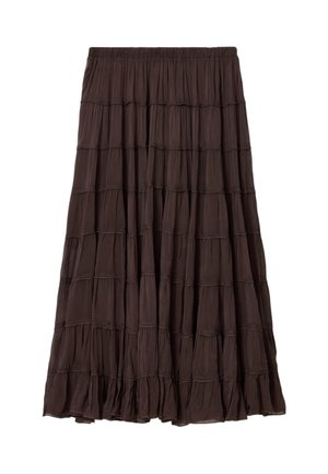 Donkerbruine gelaagde maxi-rok met geplooide naden en een elastische tailleband.