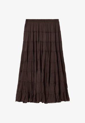 Donkerbruine gelaagde maxi-rok met geplooide naden en een elastische tailleband.