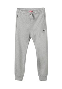 Pantaloni jogging in cotone grigio con tasche laterali con zip e polsini elastici, con un logo sulla coscia e una cintura elastica.