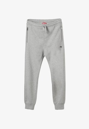 Pantaloni jogging in cotone grigio con tasche laterali con zip e polsini elastici, con un logo sulla coscia e una cintura elastica.