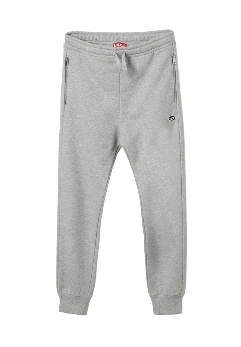 Pantaloni jogging in cotone grigio con tasche laterali con zip e polsini elastici, con un logo sulla coscia e una cintura elastica.