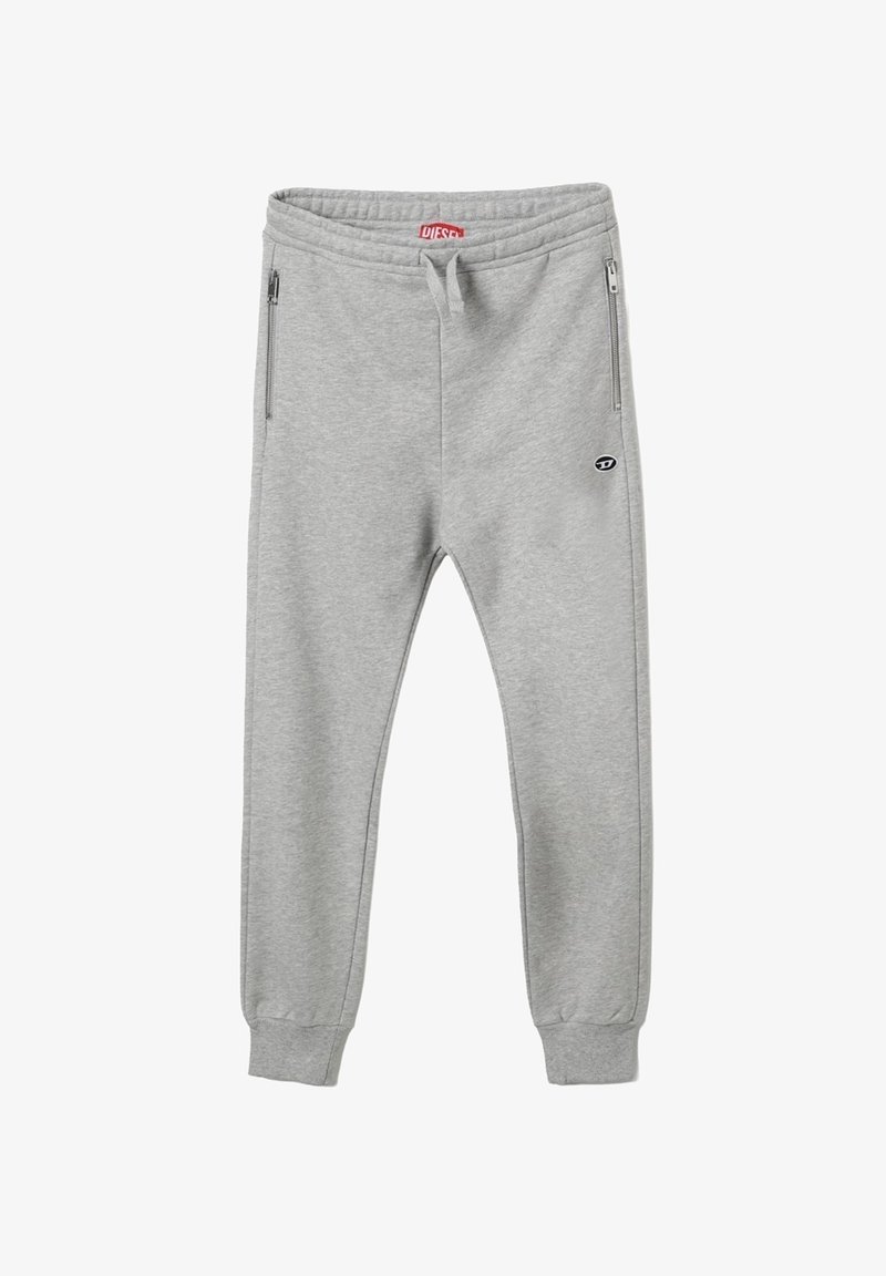 Pantaloni jogging in cotone grigio con tasche laterali con zip e polsini elastici, con un logo sulla coscia e una cintura elastica.