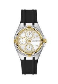 Montre analogique dorée et argentée avec un cadran blanc, trois sous-cadrans, des accents en strass et un bracelet en caoutchouc noir.