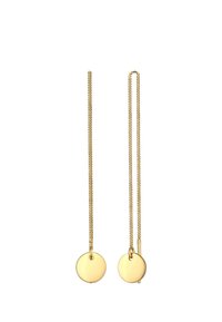 Orecchini pendenti dorati con catene sottili e pendenti circolari piatti, caratterizzati da una superficie liscia e lucida e da un design minimalista.