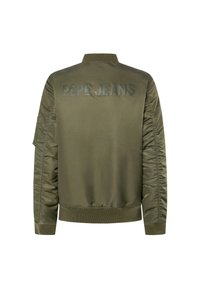Chaqueta bomber verde oliva con un acabado de satén suave, puños acanalados y un logo de "PEPE JEANS" en la parte posterior en un color a juego.